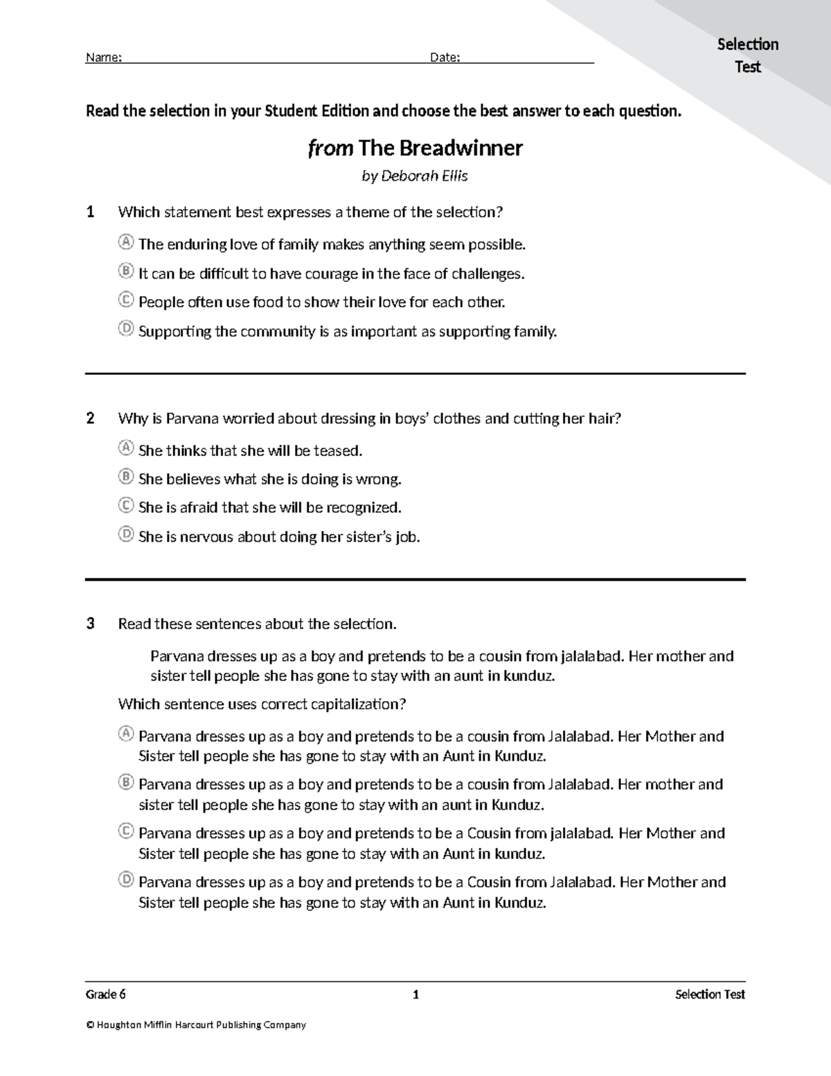 Grade 6 Selection Test: Themes and Character Analysis in The ...