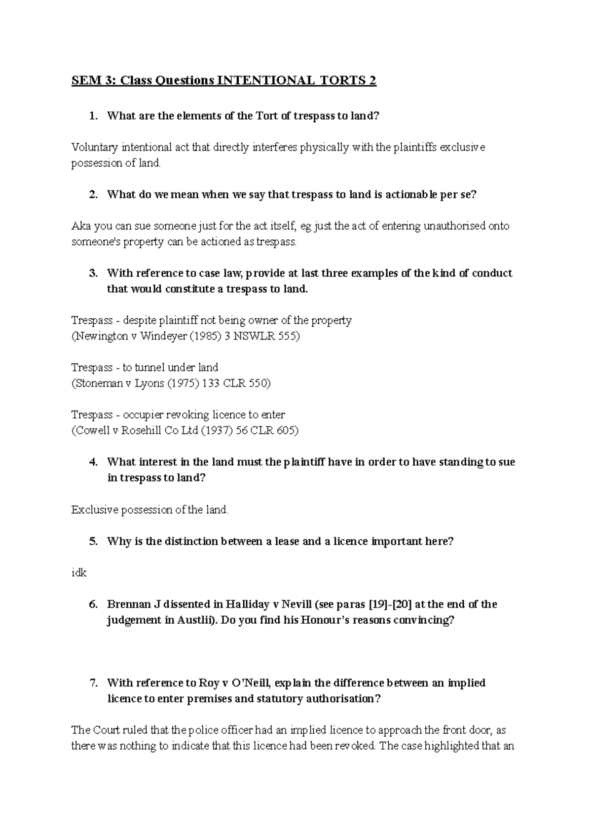 Intentional Torts 2 - SEM 3: Class Questions INTENTIONAL TORTS 2 What are the elements of the ...