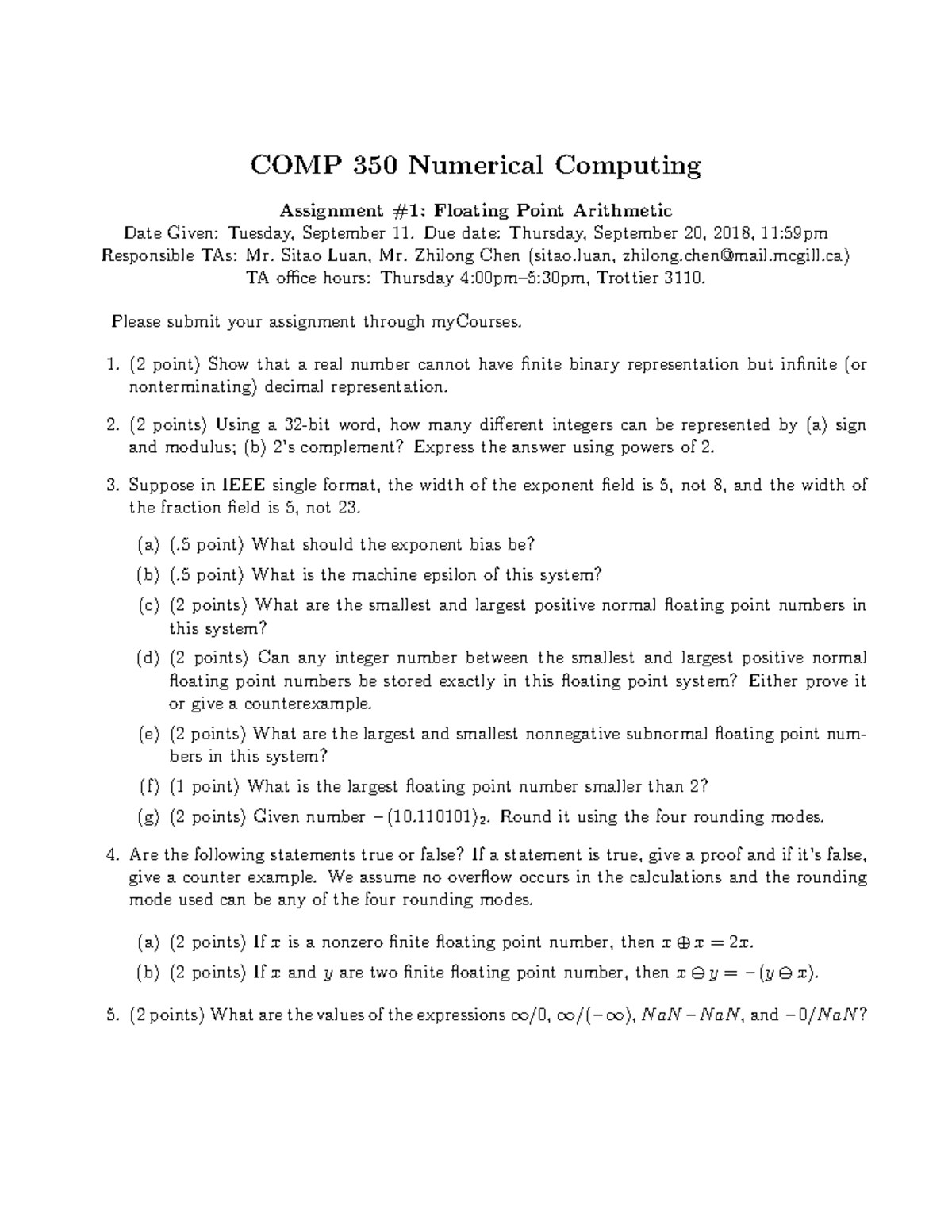 Cswk1 - COMP 350 Numerical Computing Assignment #1: Floating Point ...