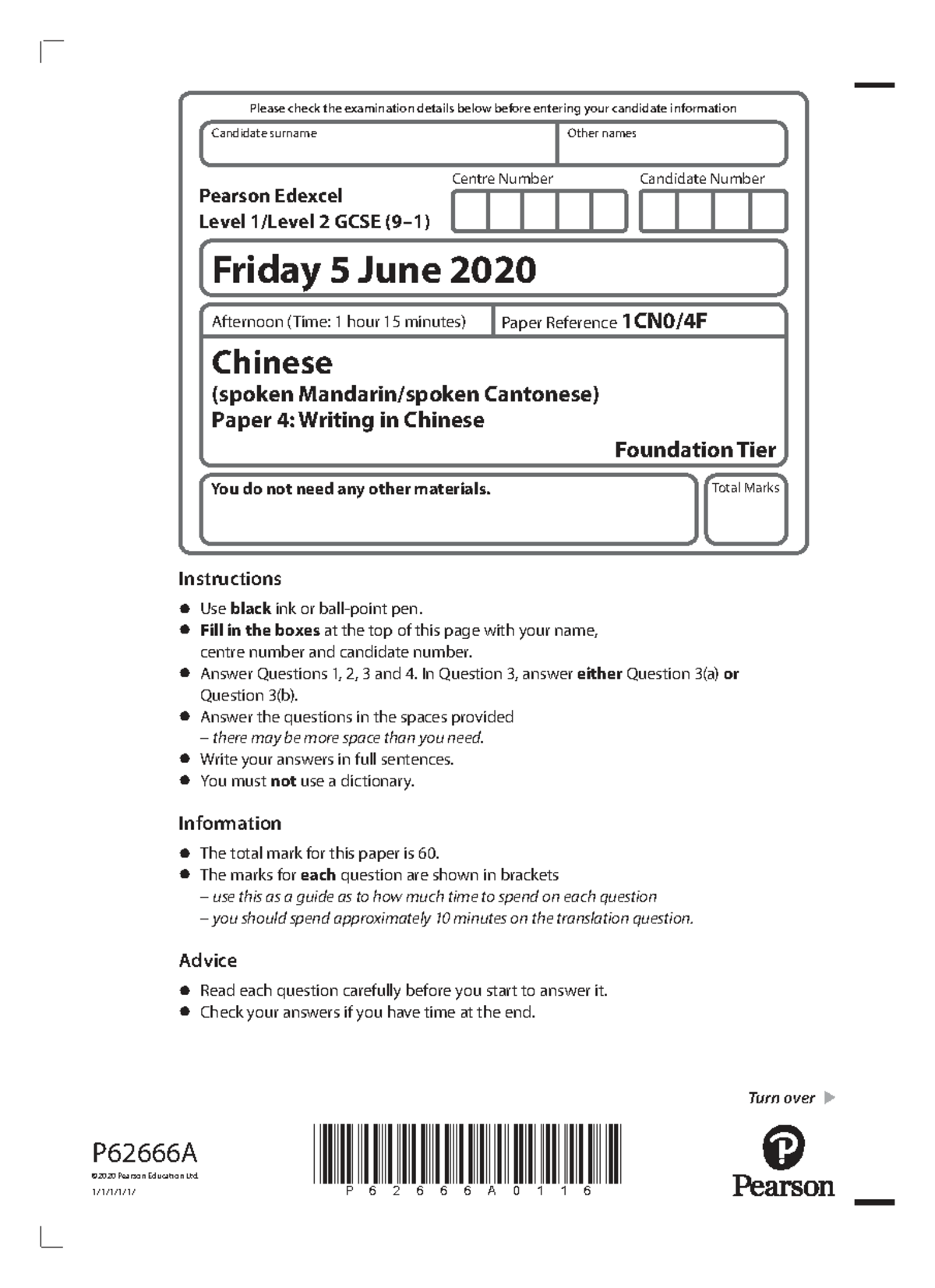 Edexcel Level 2 GCSE Chinese (Cantonese) Paper 4 Writing Exam Details ...