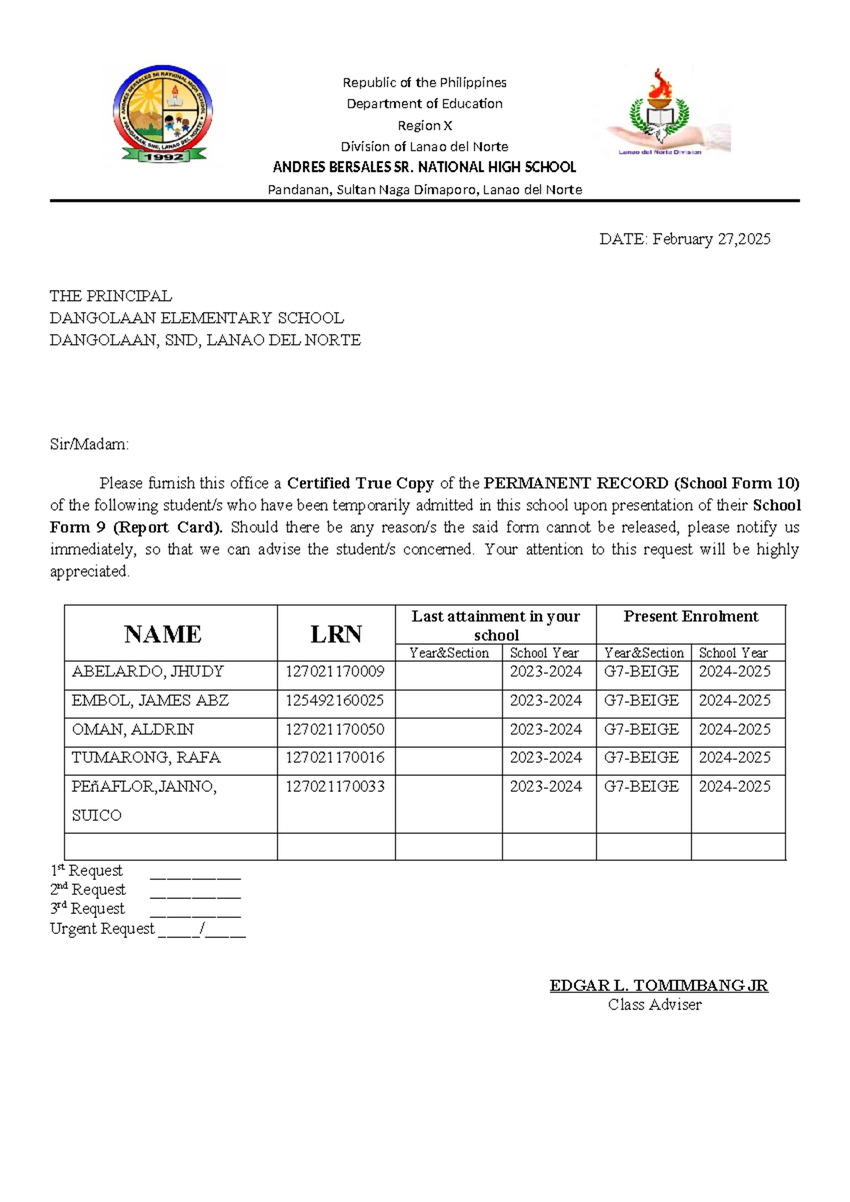Request for Form 137 - Certified True Copy of Permanent Record - Studocu