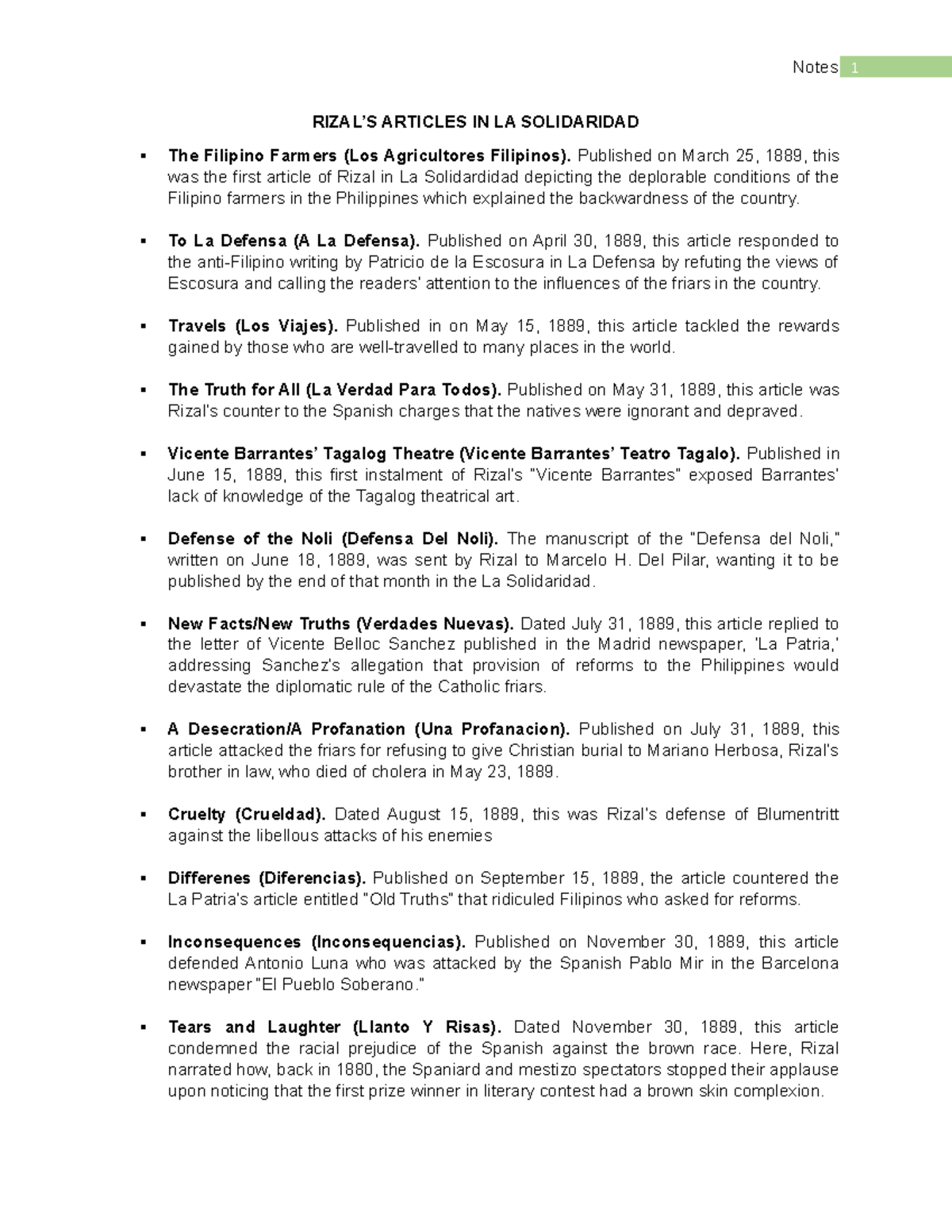 Rizal's Articles in La Solidaridad: Key Insights and Analyses - Studocu