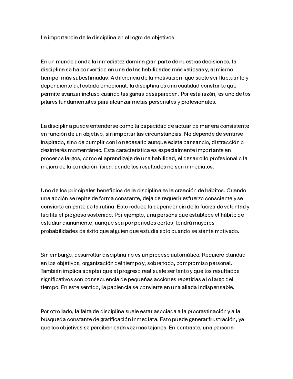 La Disciplina como Clave para Alcanzar Objetivos Personales - Studocu