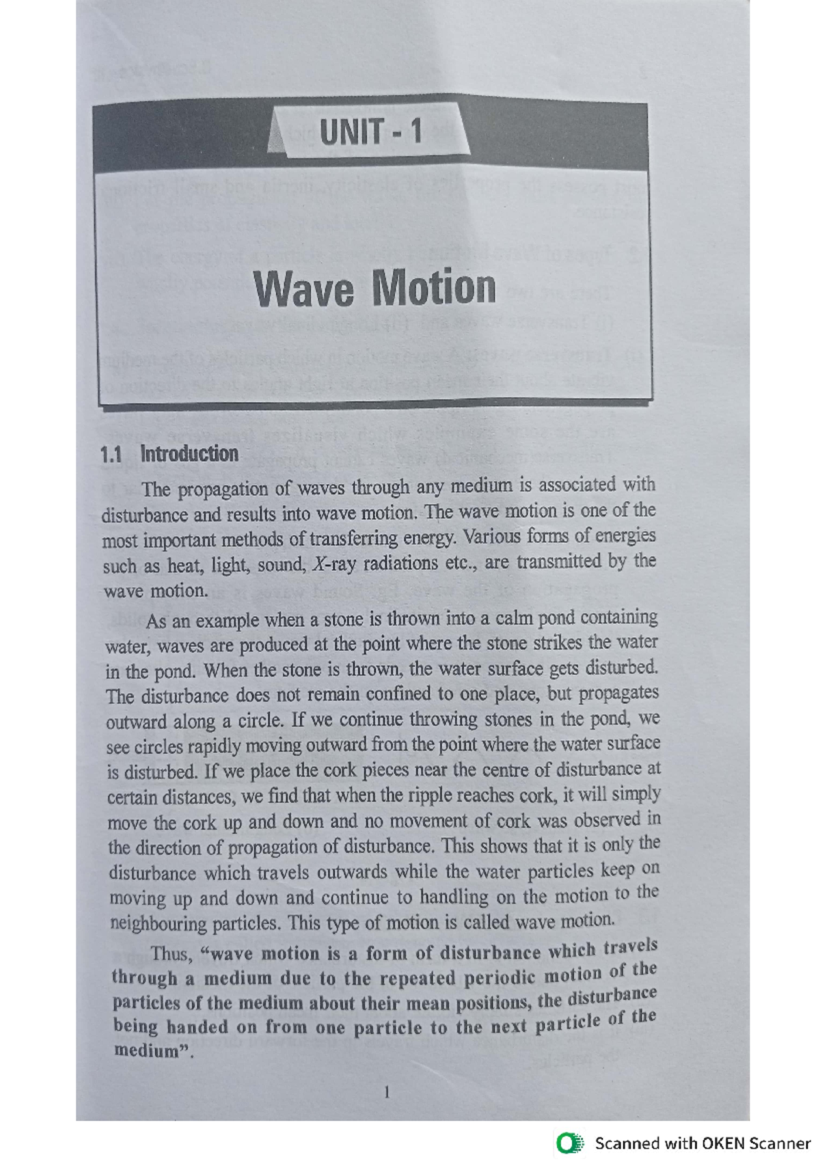 Unit-1 Wave Motion - UNIT 1 Wave Motion 1 Introduction The propagation ...