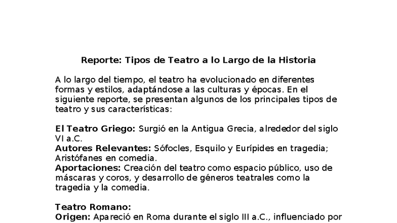 Actividad 6: Evolución del Teatro a lo Largo de la Historia - Studocu