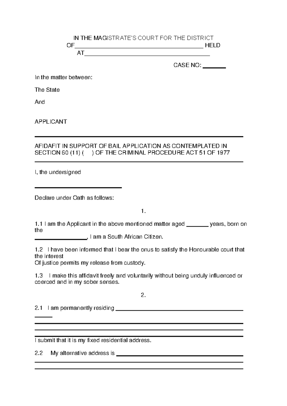 Bail Affidavit Draft for Criminal Procedure Act Section 60 (11) - Studocu