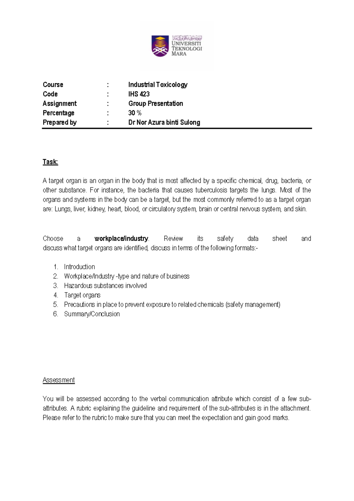 IHS 423 Industrial Toxicology Group Presentation Rubric - Studocu