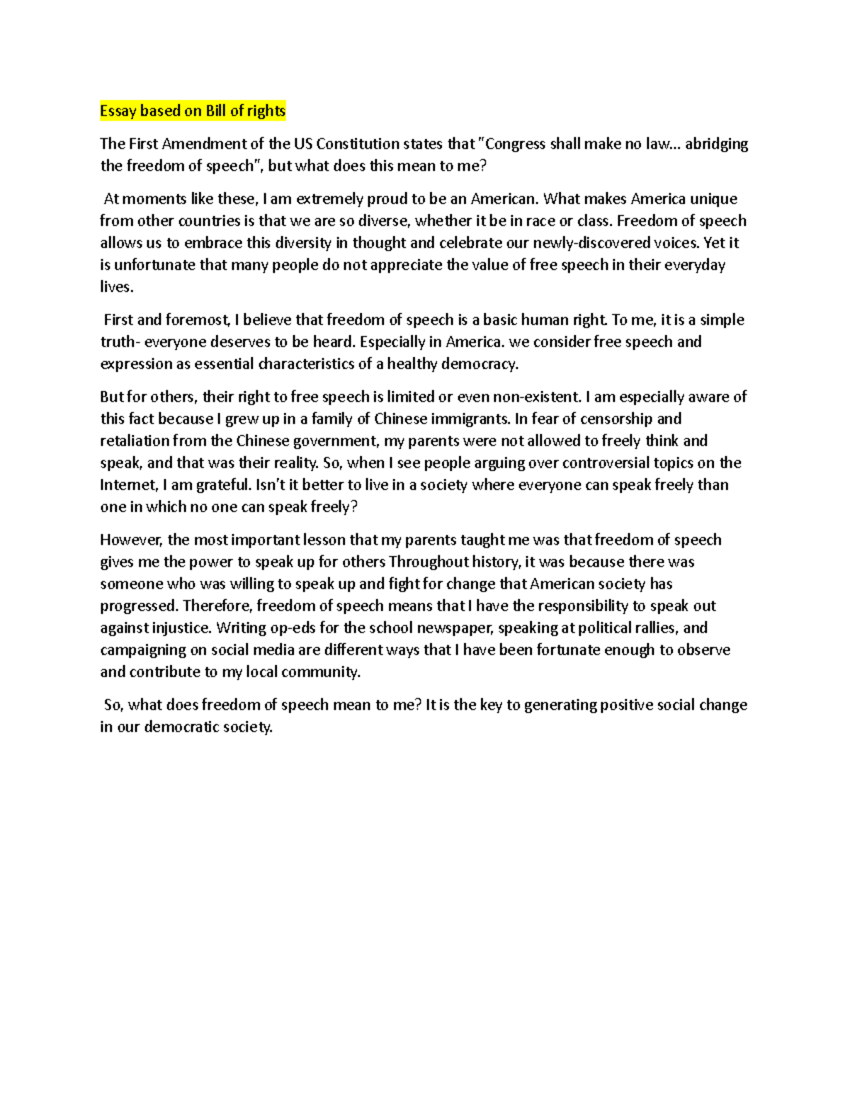 Essay on the Importance of the Bill of Rights in Democracy - Studocu