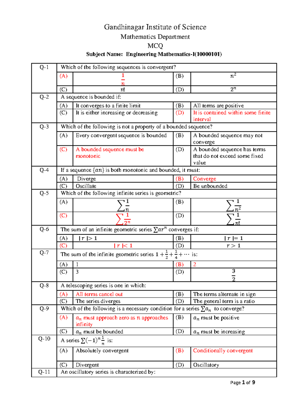 Engineering Mathematics-I MCQ Question Set (10000101) - Gandhinagar ...