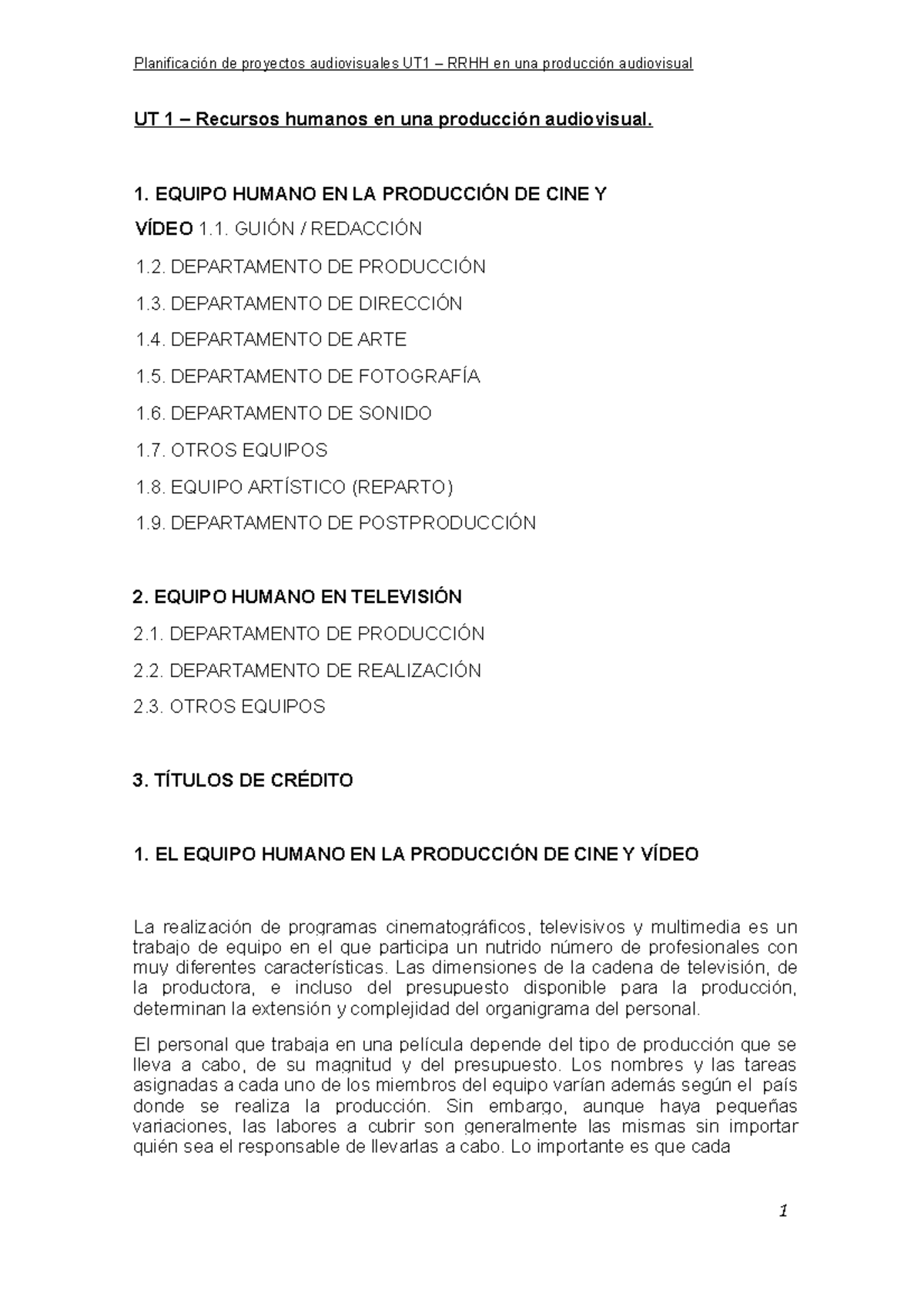UT1 - Recursos Humanos en Producción Audiovisual: Planificación y Roles - Document Preview