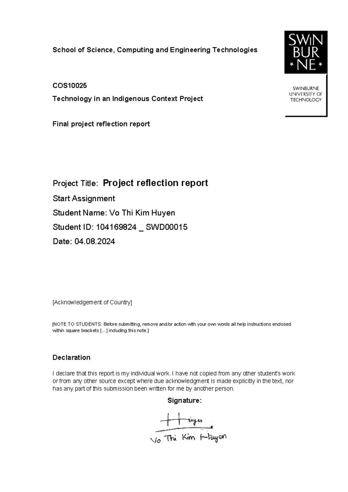 COS10025 Final Project Reflection Report on Indigenous Technology - Studocu