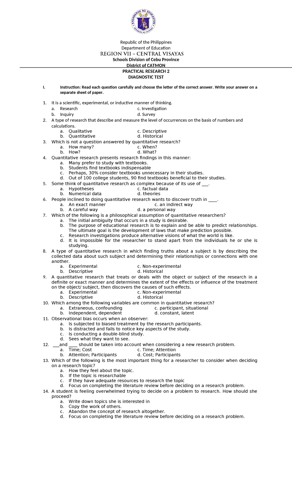 PR 2 Diagnostic Test: Guide to Crafting a Research Paper - Studocu