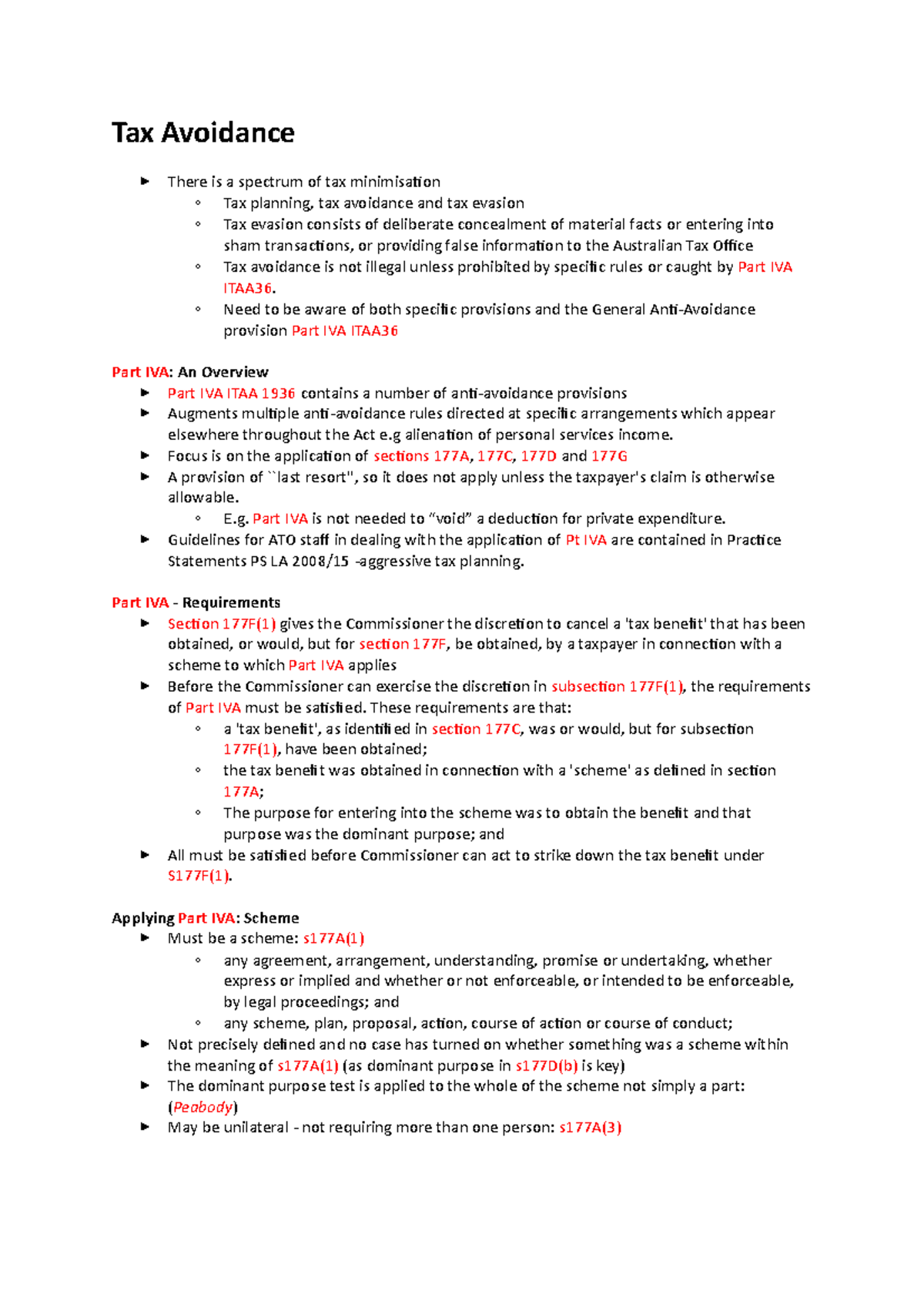 Tax Avoidance - Chapter Summary on Part IVA ITAA36 Guidelines - Studocu