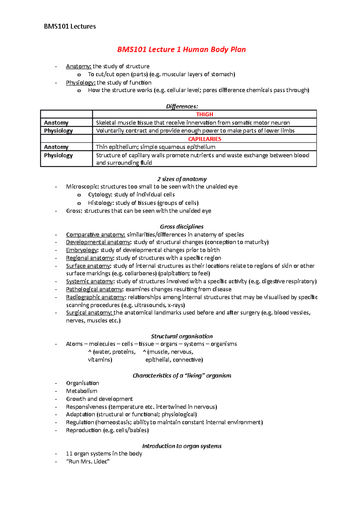 BMS101 Lectures - Lecture notes 1-2/7-17 - BMS101 Lecture 1 Human Body ...
