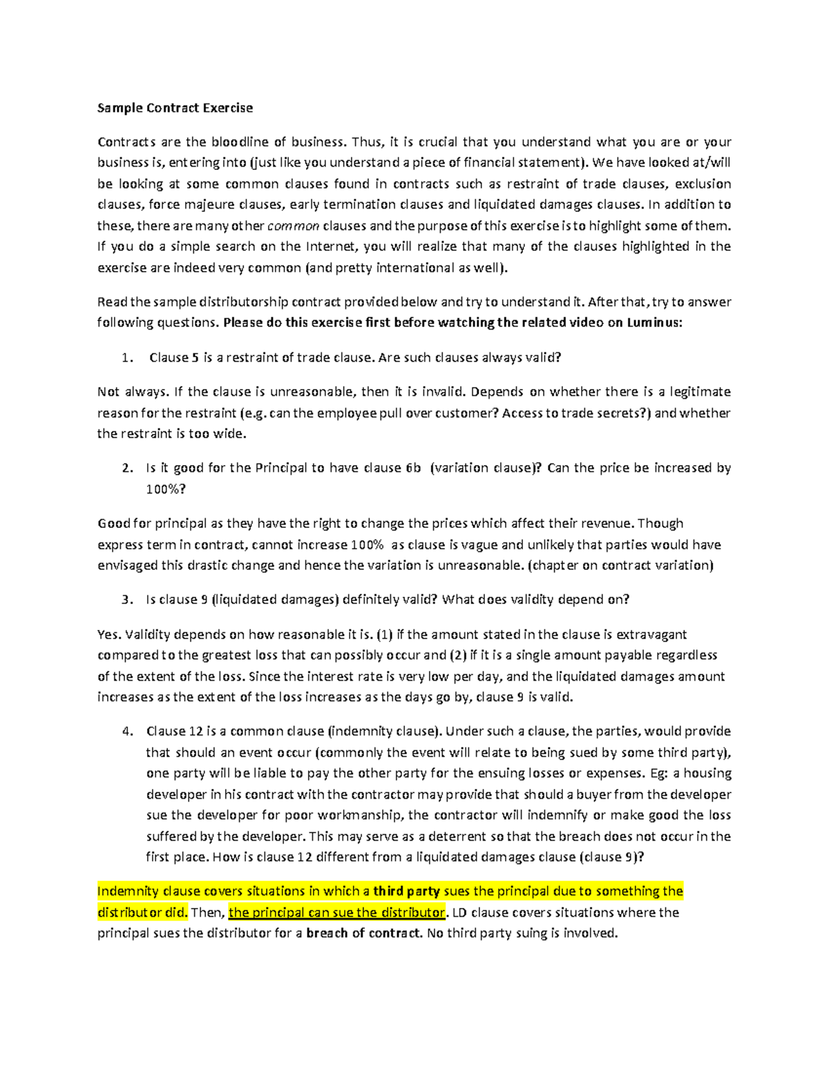 Understanding the terms of a contract - Sample Contract Exercise ...