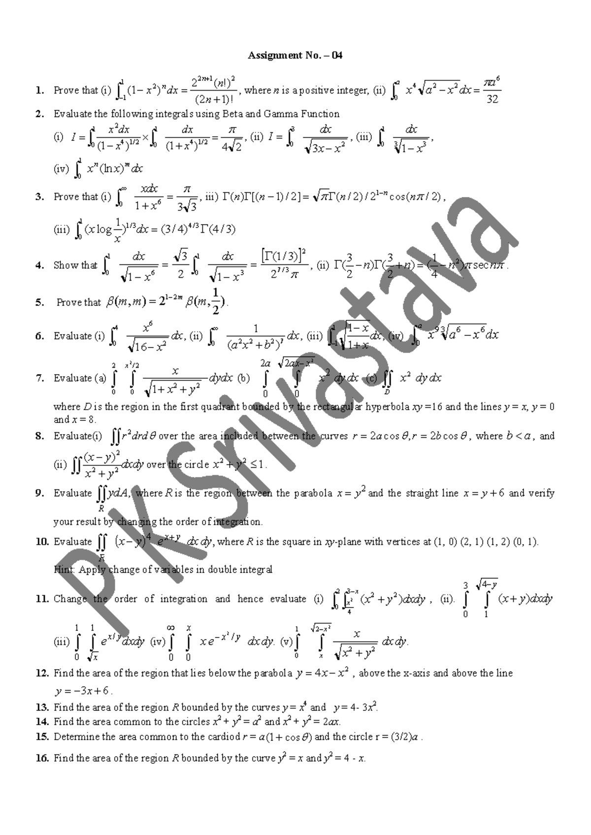 Assignment 04 - Evaluation of Integrals Using Beta and Gamma Functions ...