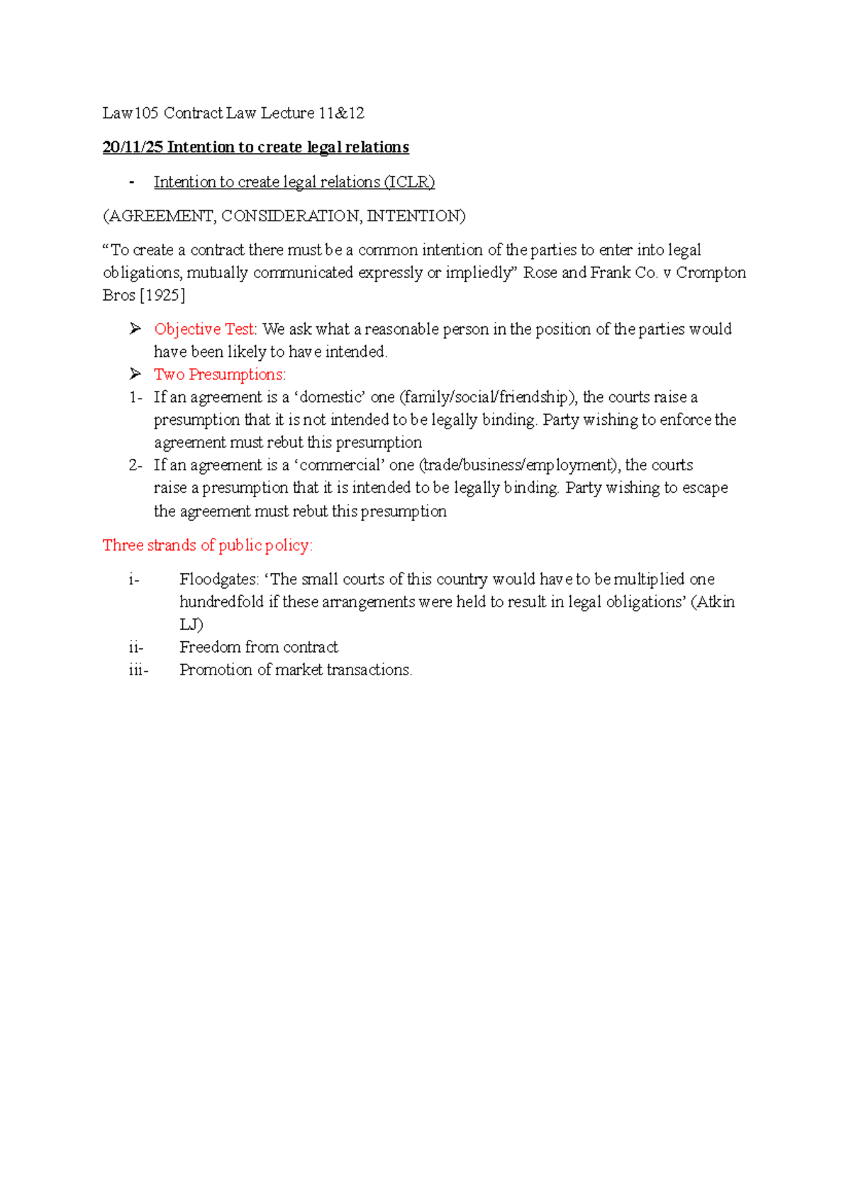 Law105 Contract Law Lecture 11&12: Intention to Create Legal Relations ...