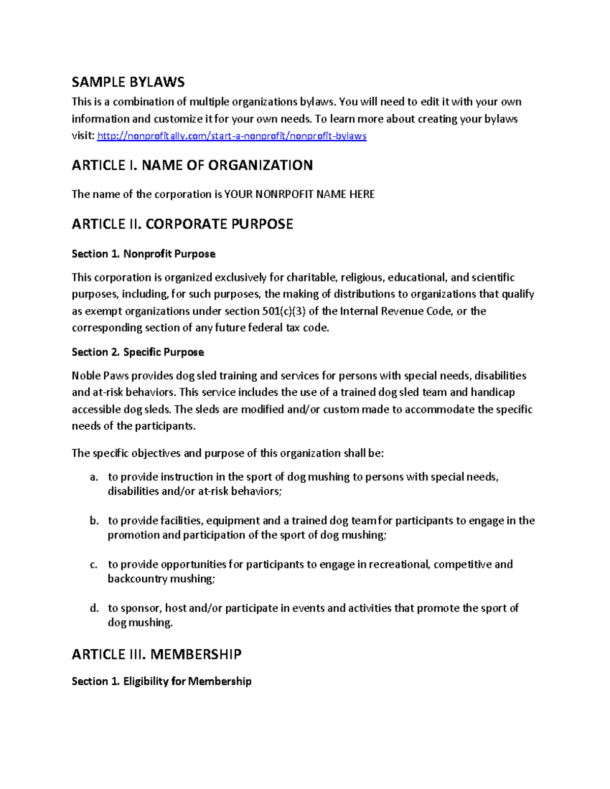 Sample Bylaws for Nonprofit Organization - Durable - Studocu