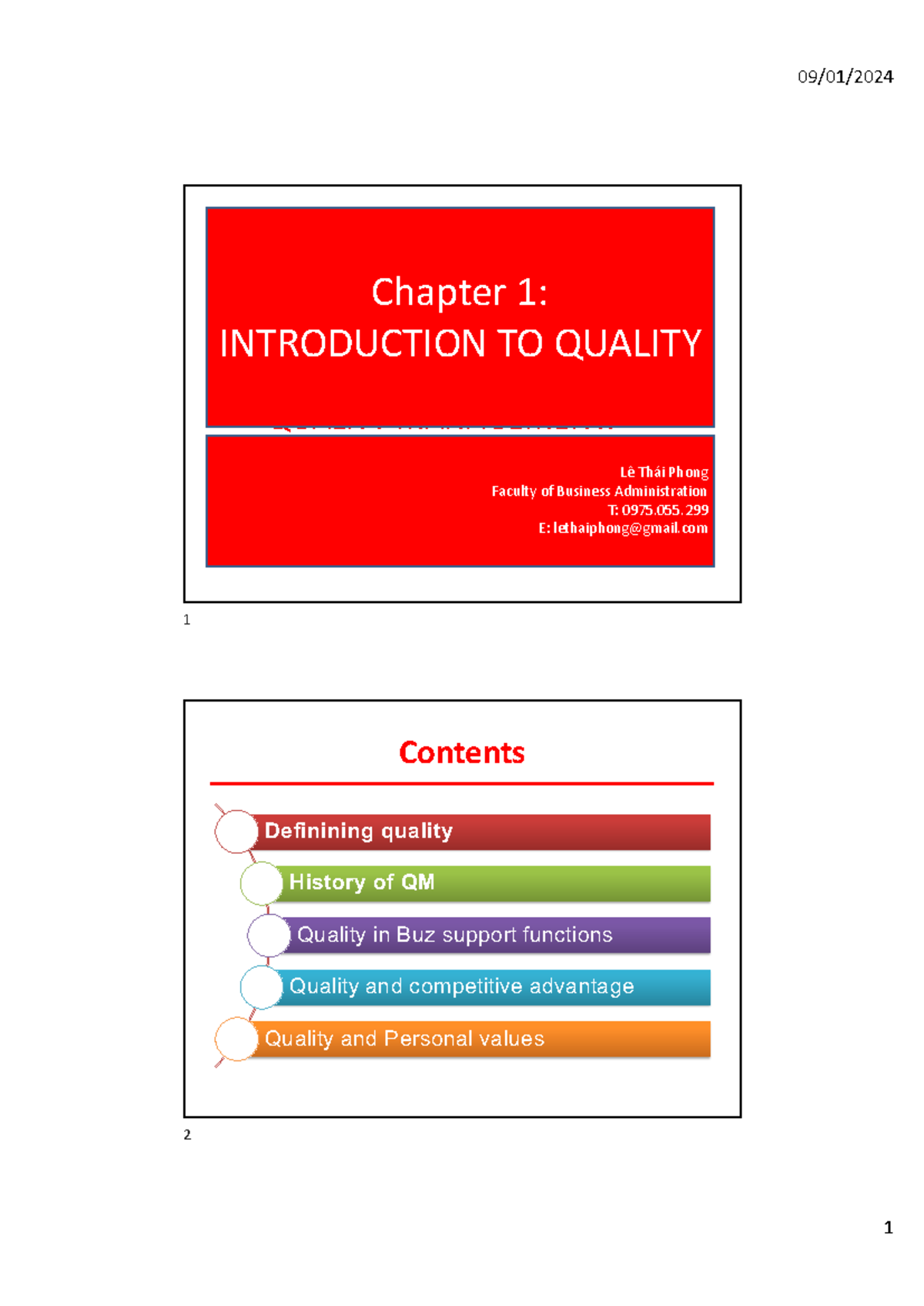 QM-c1-introduction to quality handout - QUALITY MANAGEMENT: Dr Le Thai ...