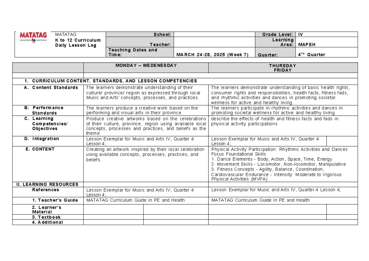 MATATAG K to 12 Curriculum Daily Lesson Log: MAPEH 4 Q4 Week 7 - Studocu