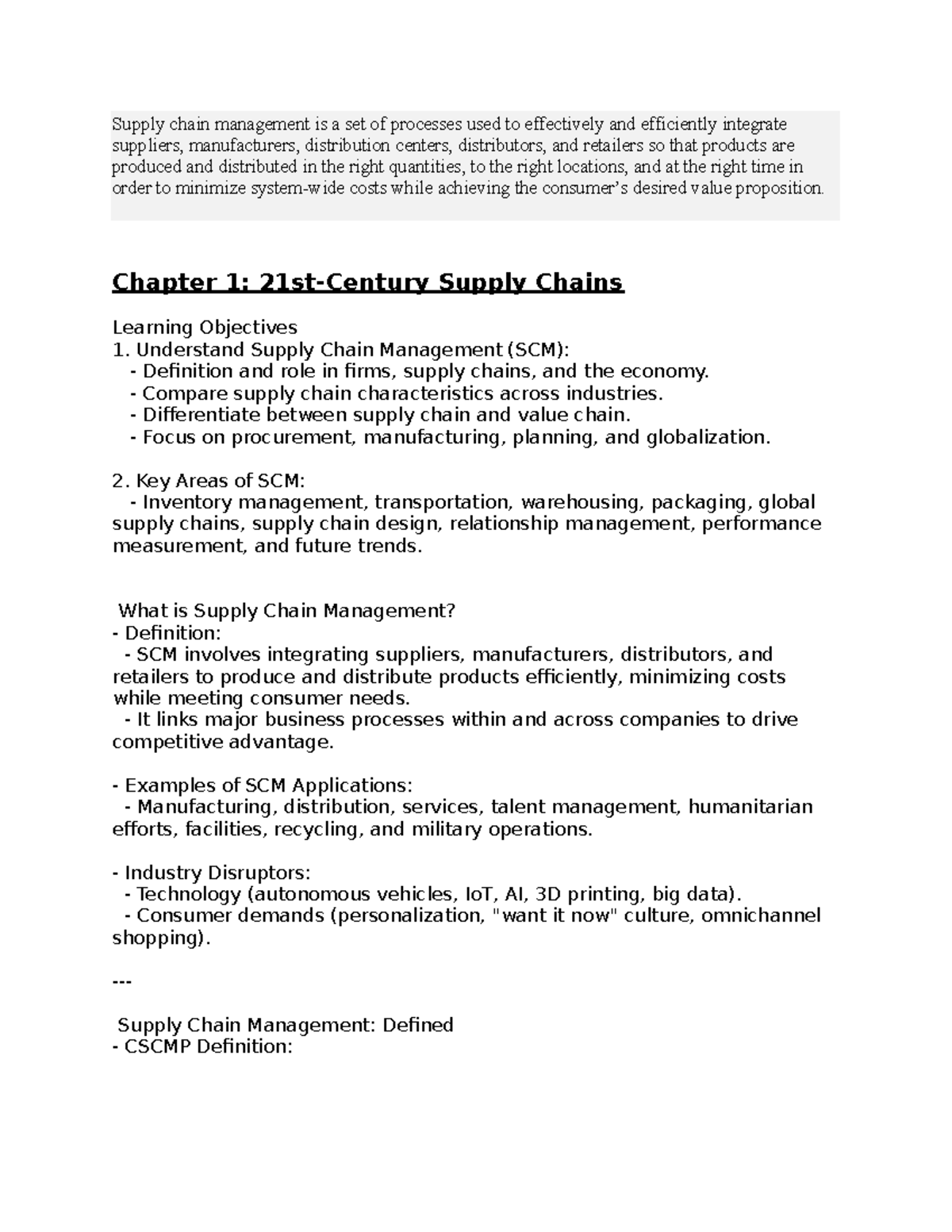 SCM 413 Chapter 1: Key Concepts and Objectives in Supply Chain ...