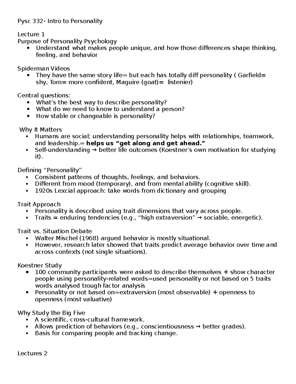 Psyc 332 - Final Exam Study Notes on Personality Psychology - Studocu