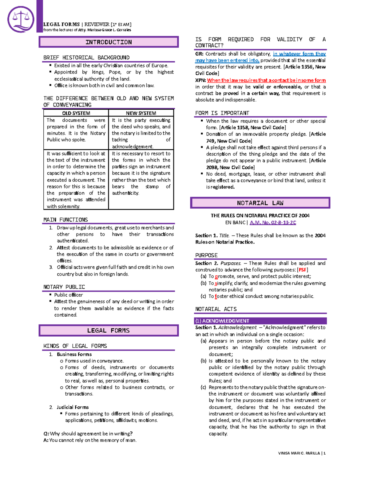 Legal Forms Reviewer 1 - Notary Practice Notes from Atty. Corrales ...