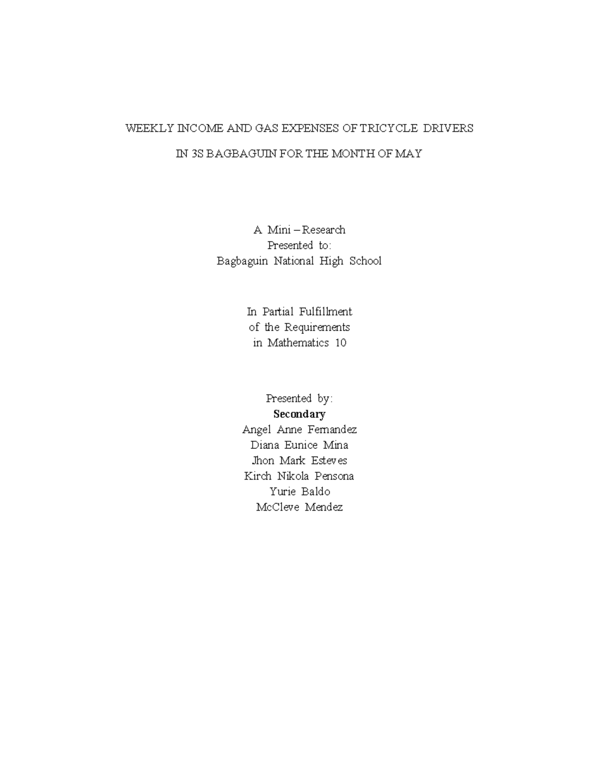 Mathematics 10 Mini Research: Weekly Income & Gas Expenses of Tricycle ...