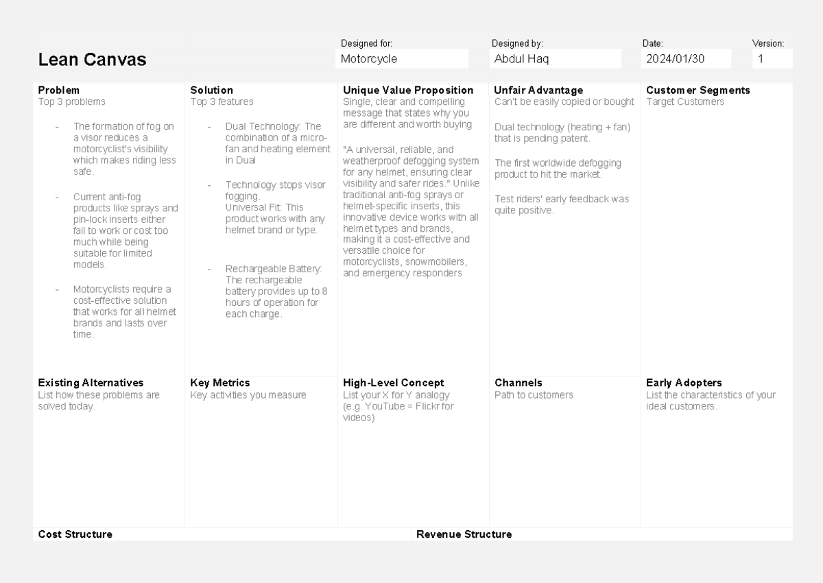 Lean-canvas - this is for practice - Designed for: Designed by: Date ...