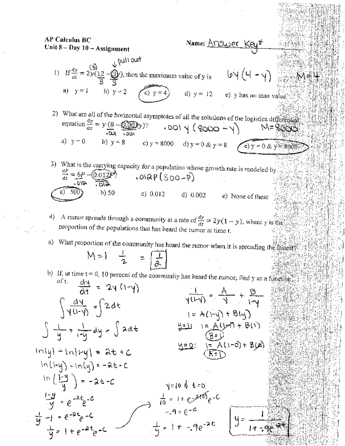 Unit 8 - day 10 - assignment answer key - AP Calculus BC Unit 8 Day 10 ...
