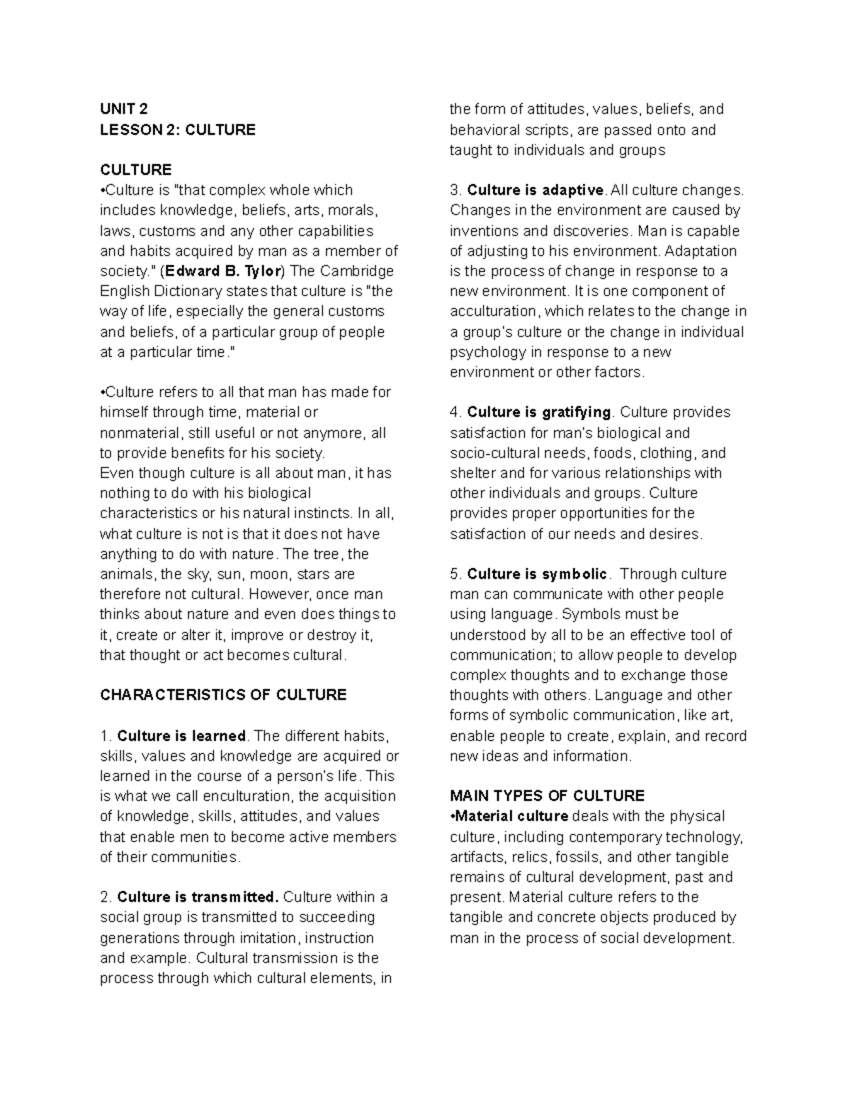 UCSP - Unit 2 & 3 Reviewer: Understanding Culture & Human Evolution ...