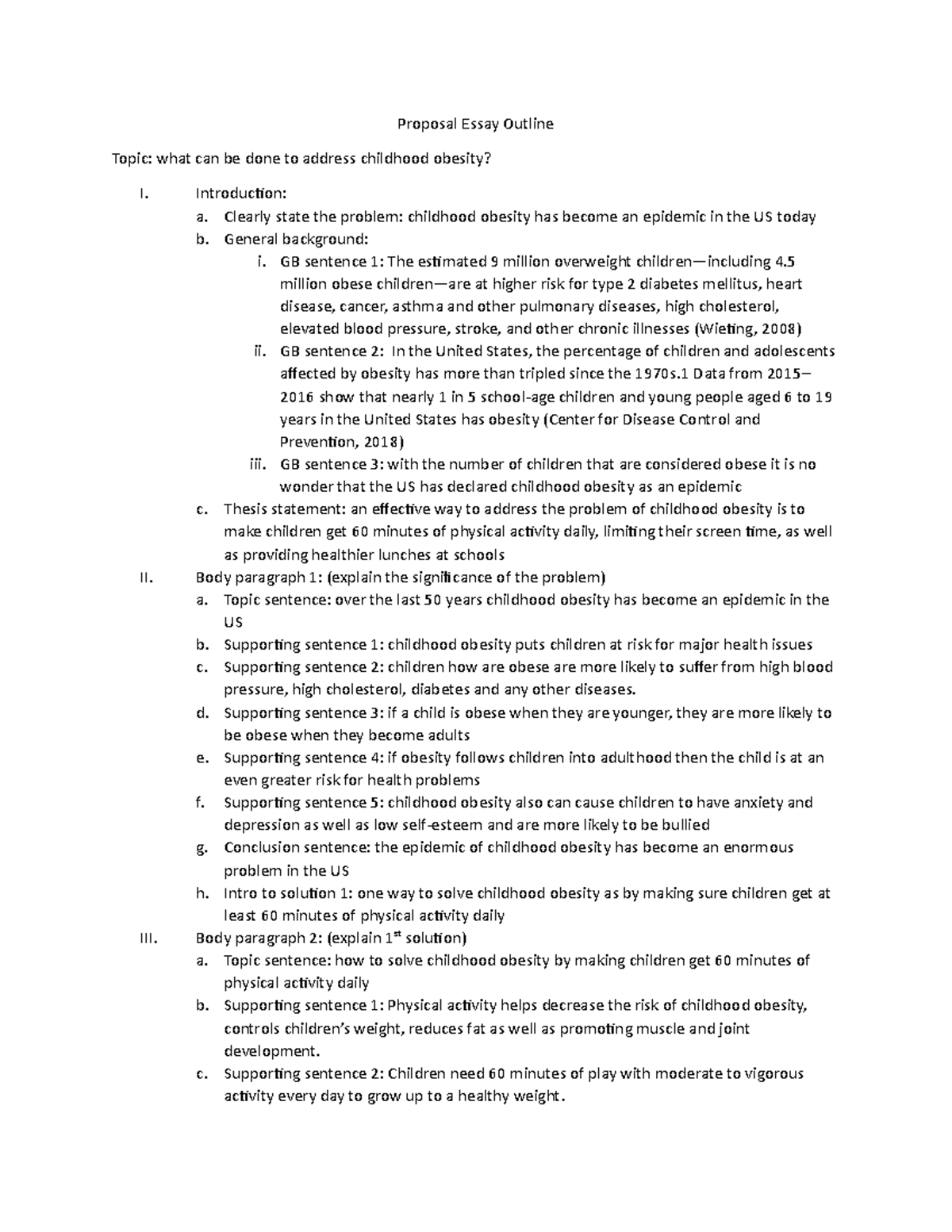 Childhood Obesity - Proposal Essay Outline (Final Version) - Studocu