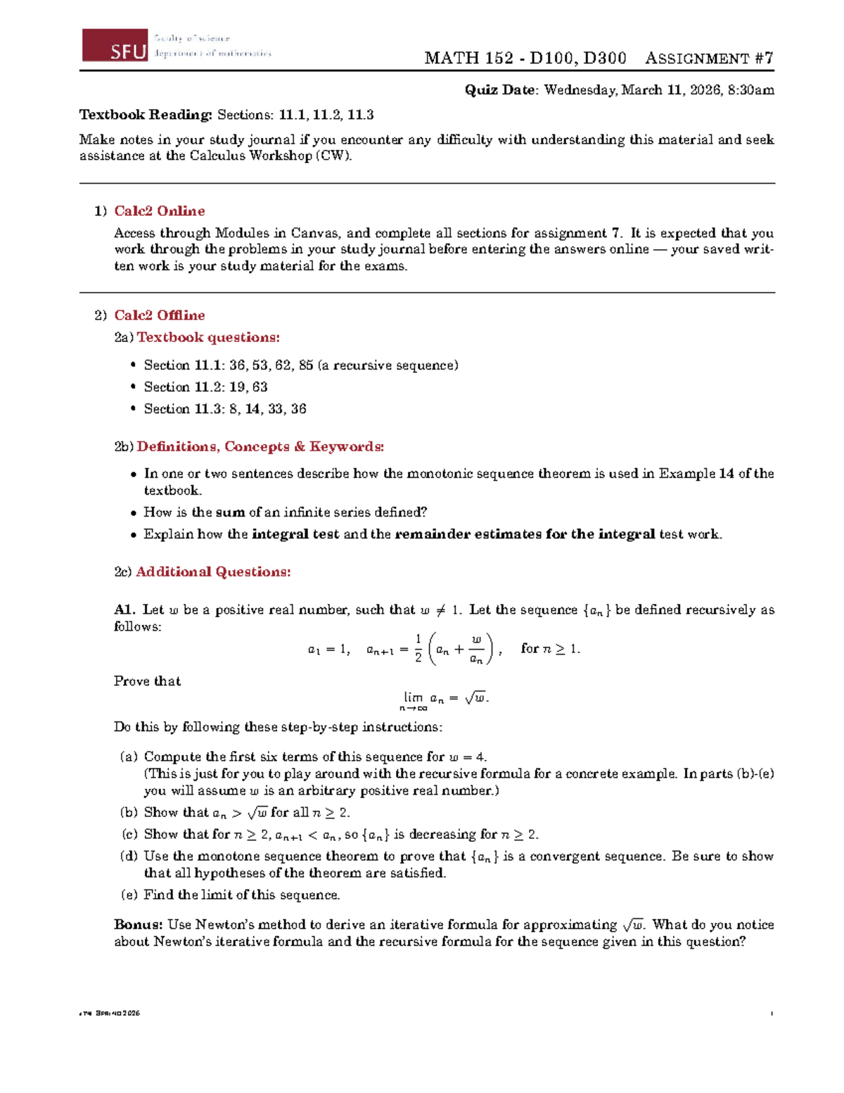 MATH 152 D100, D300 ASSIGNMENT Quiz Prep for March 11, 2026 - Studocu