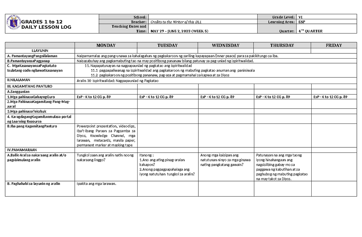 DLL ESP 6 Q4 W5 - Daily Lesson Plan for Grade VI - Studocu
