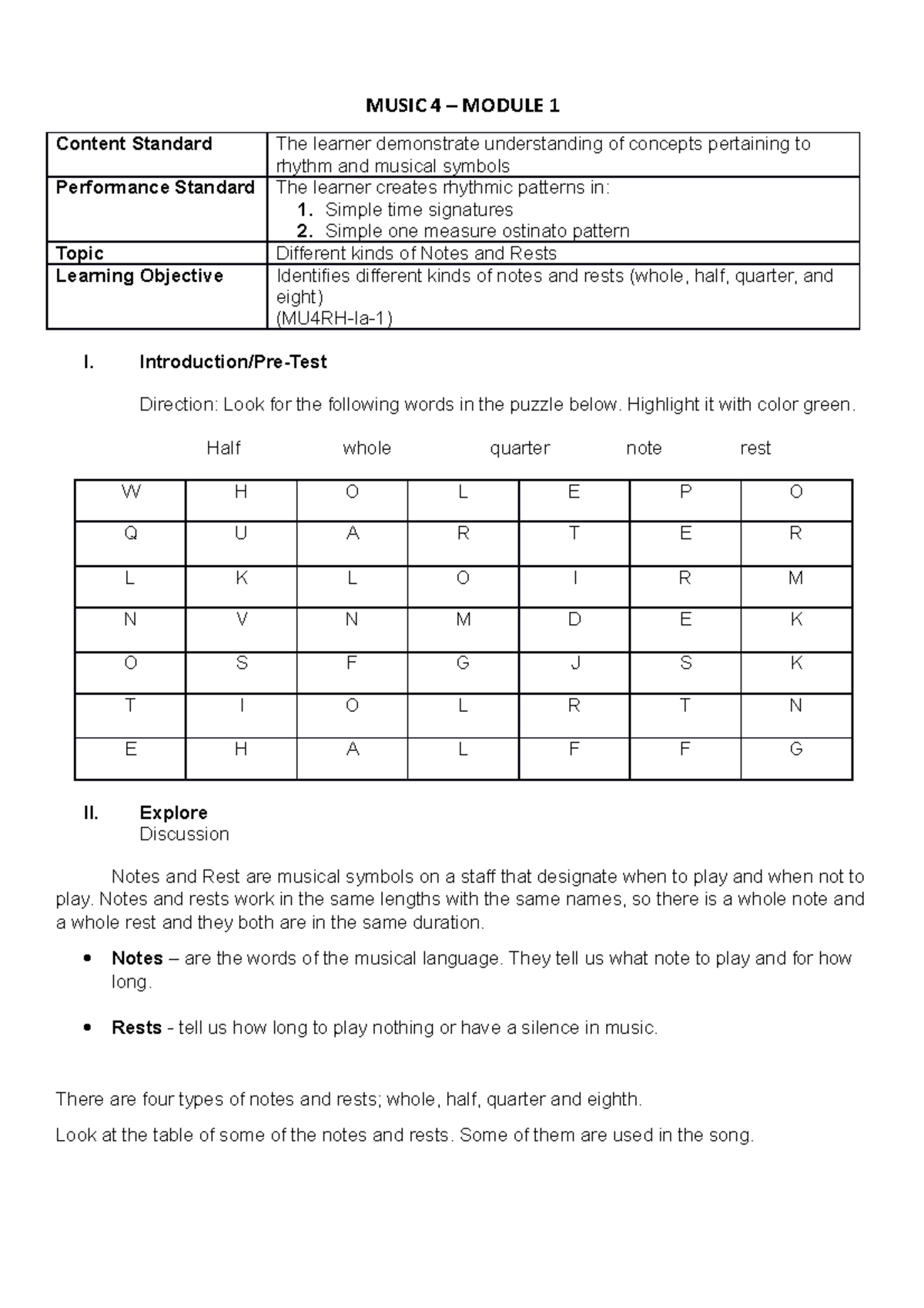 MU4 - Music Module 1: Notes, Rests, and Rhythmic Patterns - Studocu