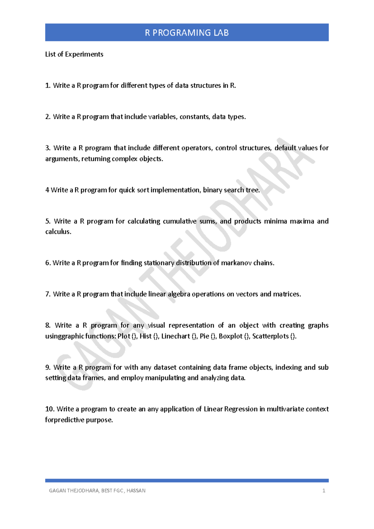 R PROGRAMMING LAB: Comprehensive List of Experiments and Programs - Studocu