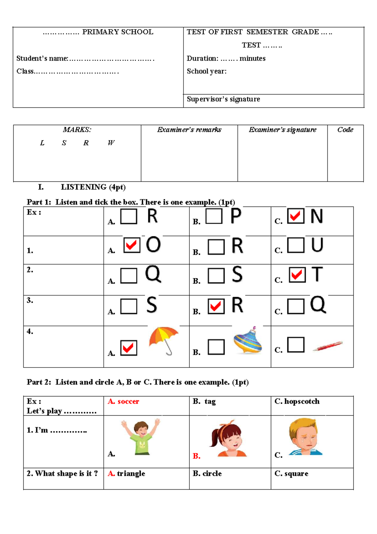 KEY TEST 1 for PRIMARY SCHOOL FIRST SEMESTER GRADE - Studocu
