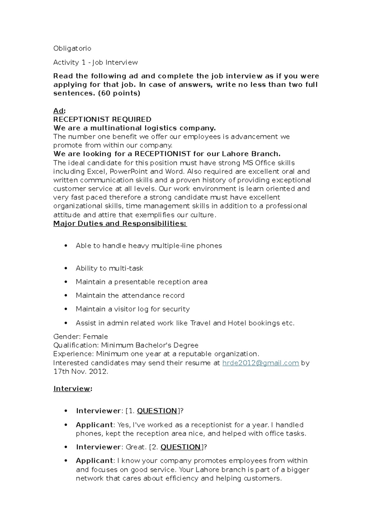 Inglés III: Obligatory Job Interview Activity & Mock Exam Guide - Studocu