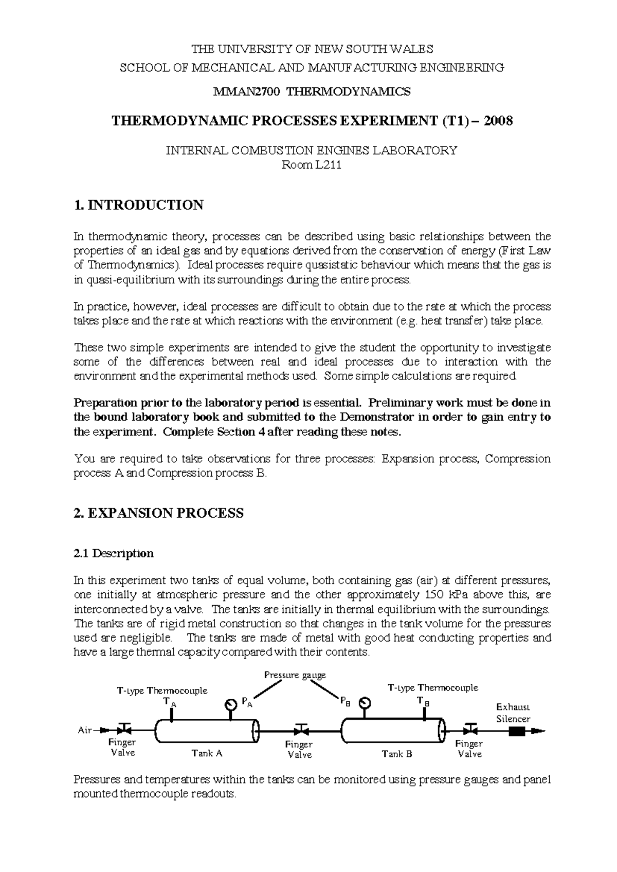 Thermodynamics Lab (MMAN2700) - T1 Experiment on Gas Processes - Studocu