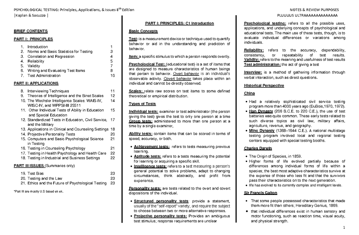 Psychological Assessment Notes for Kaplan Test (PLUUUUS) - Studocu