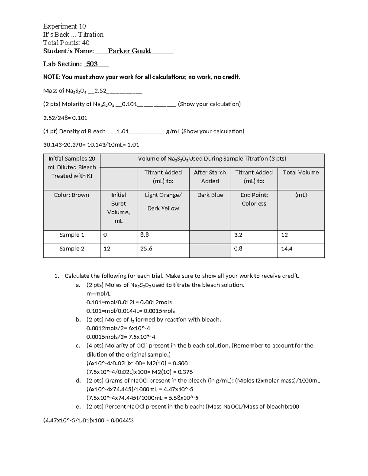 Chem 110 Final Exam Lab Report: Titration Experiments - Studocu