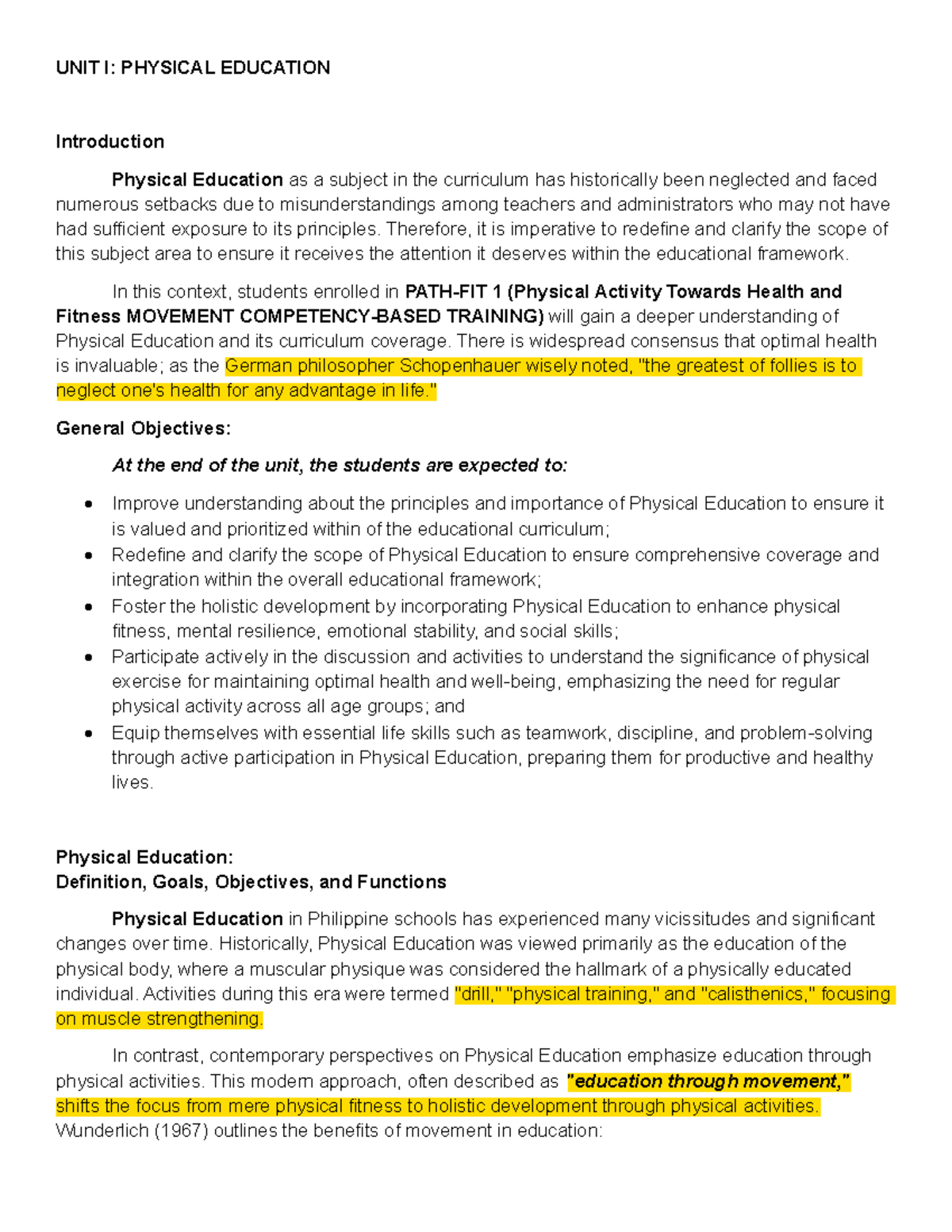 UNIT I: Physical Education Overview and Objectives for MOVEMENT ...