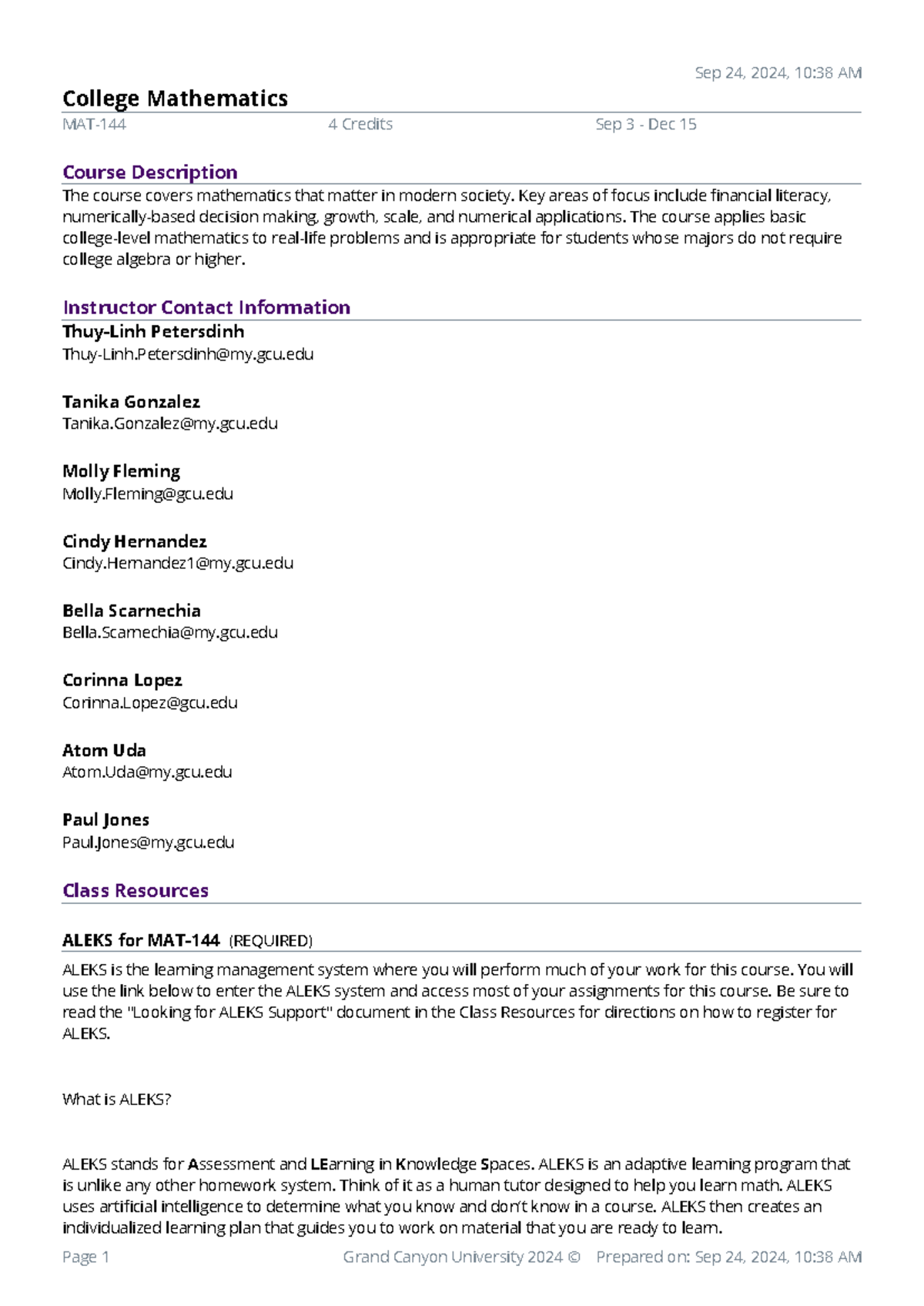 Syllabus for MAT-144: College Mathematics - Fall 2024 - Studocu