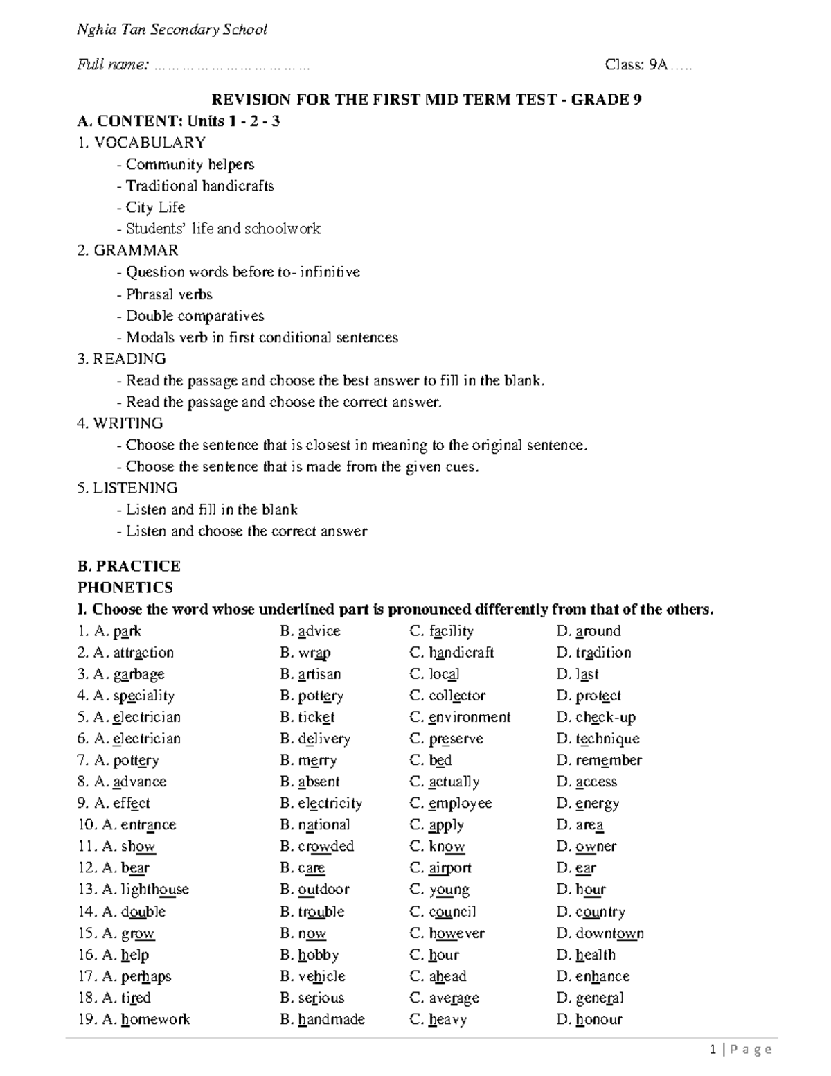 Grade 9 Revision for First Mid-Term Test - 2024 (Units 1-3) - Studocu