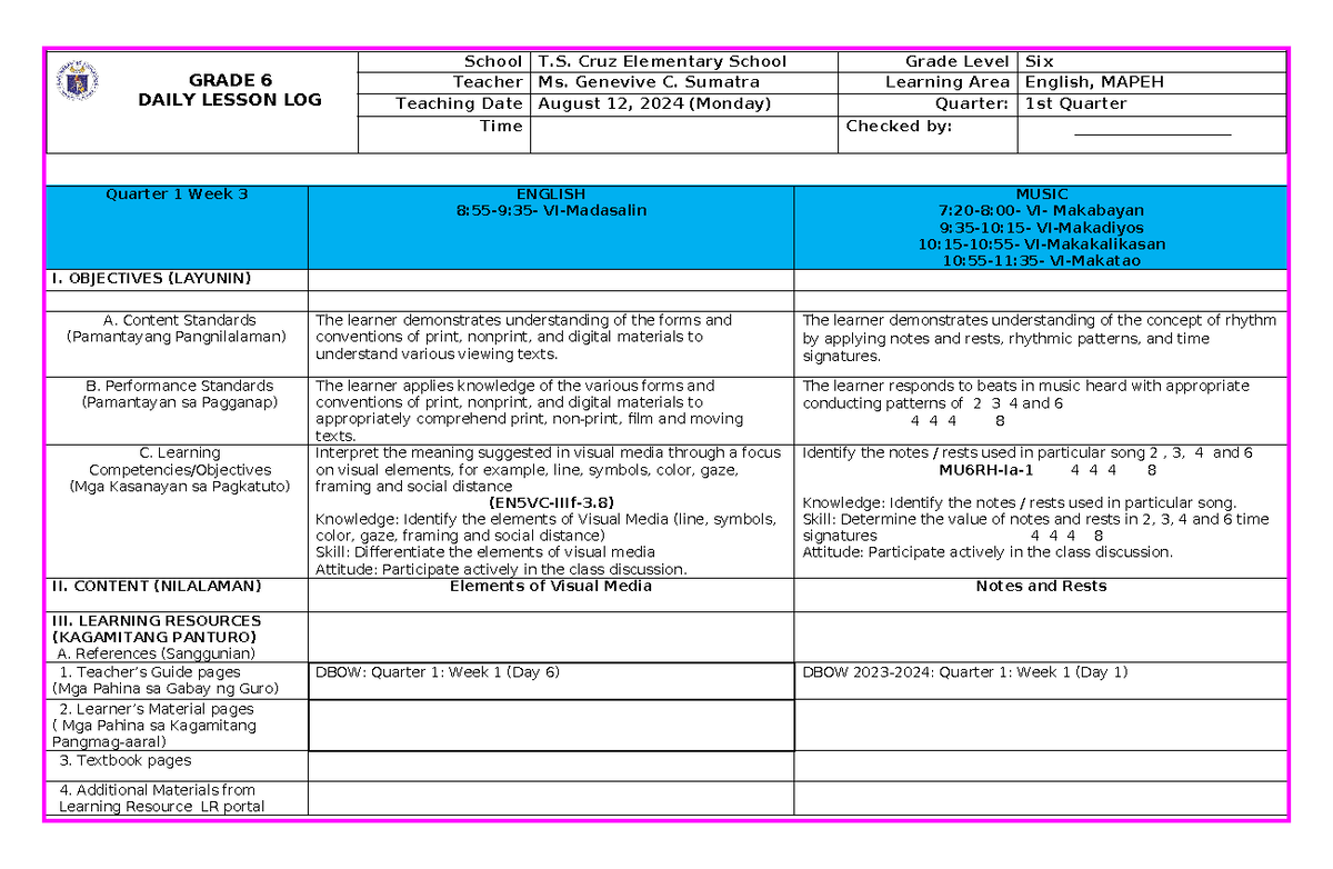 DLL Quarter 1 - Week 2 Lesson Plans for English and MAPEH 6 - Studocu