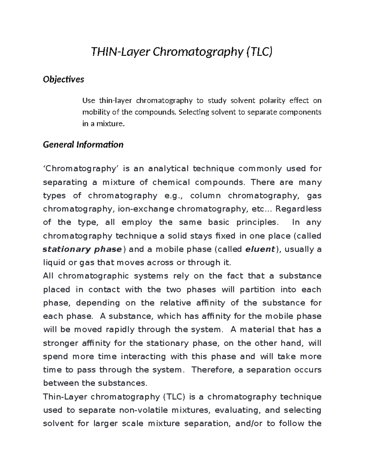 TLC (Thin Layer Chromatography) Procedure and Objectives - Studocu