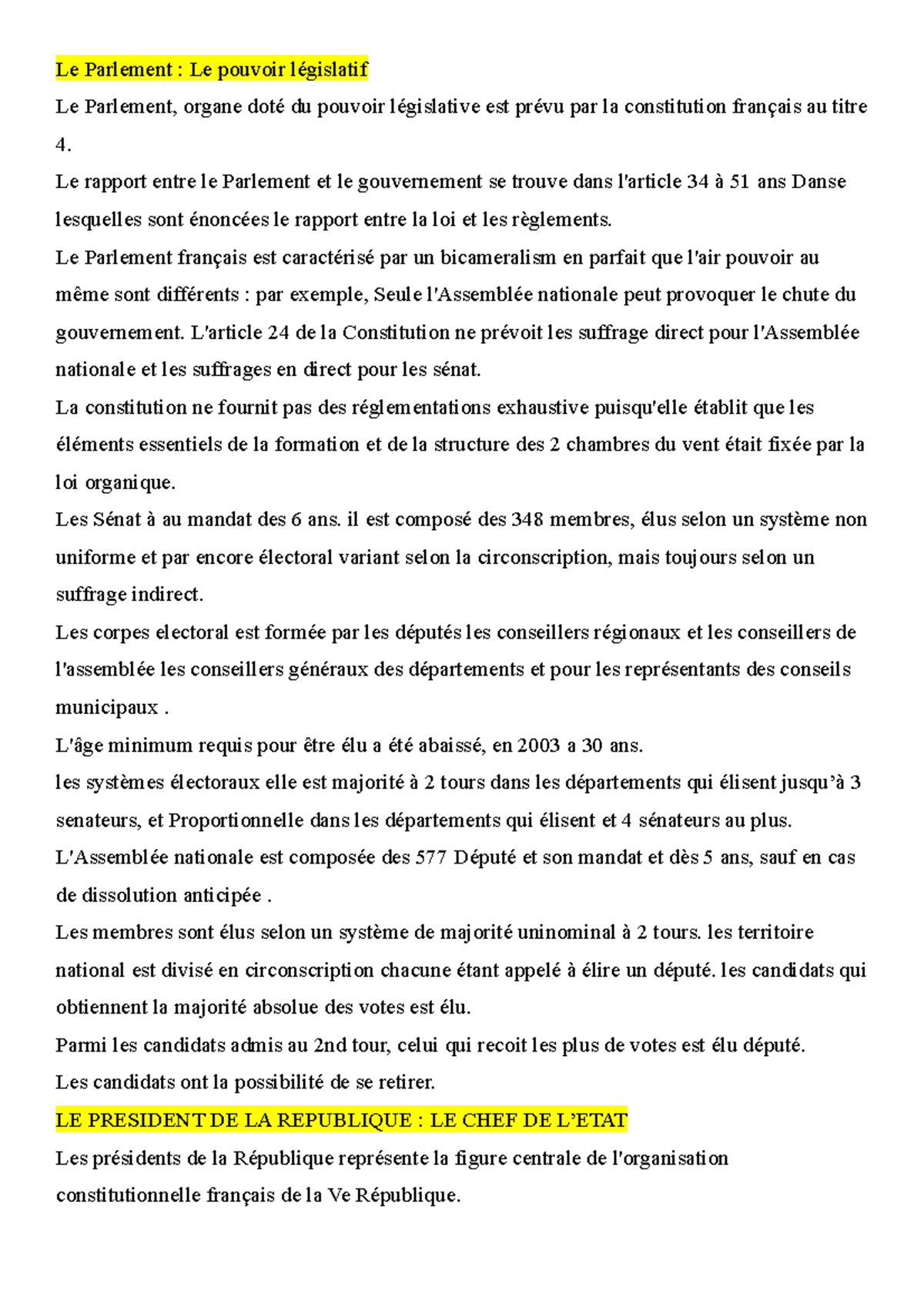 Résumé du Droit : Le Parlement et le Président sous la Ve République ...