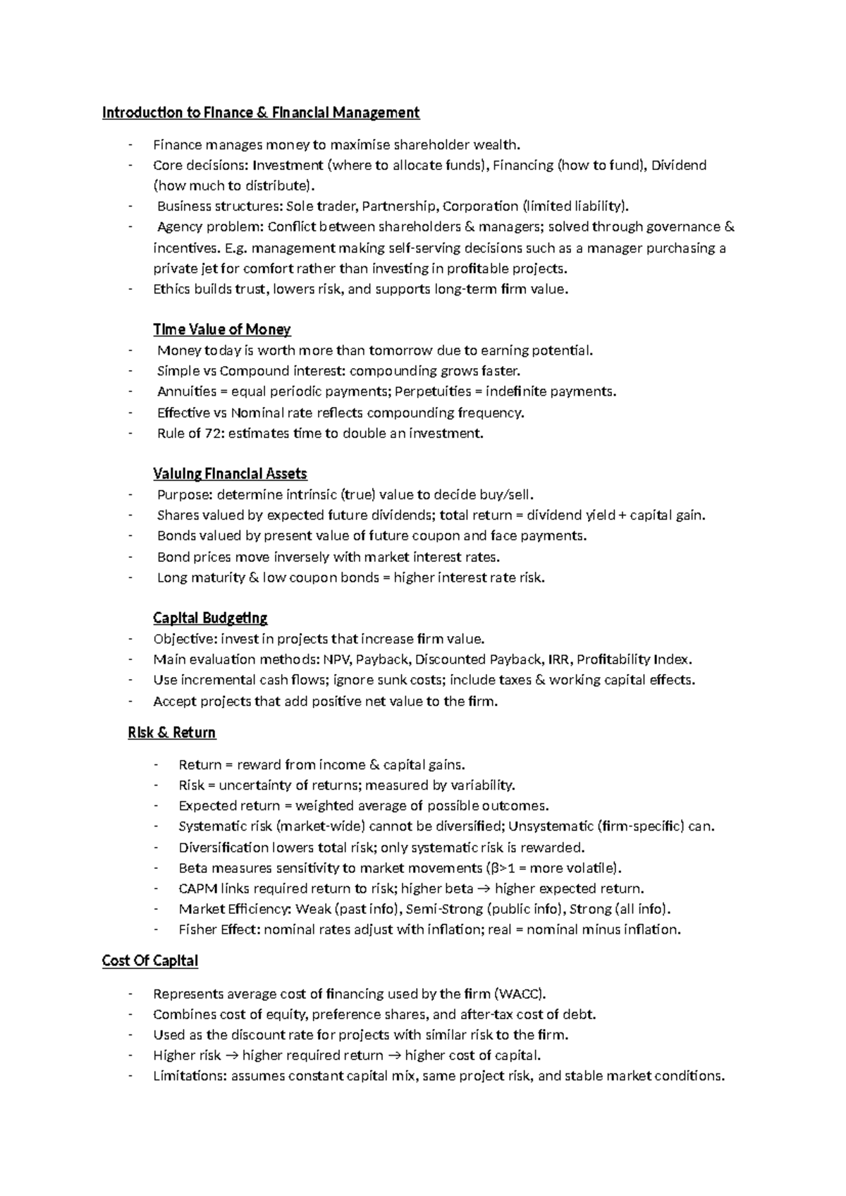 FINN1001 Final Exam Cheat Sheet: Key Concepts in Financial Management ...