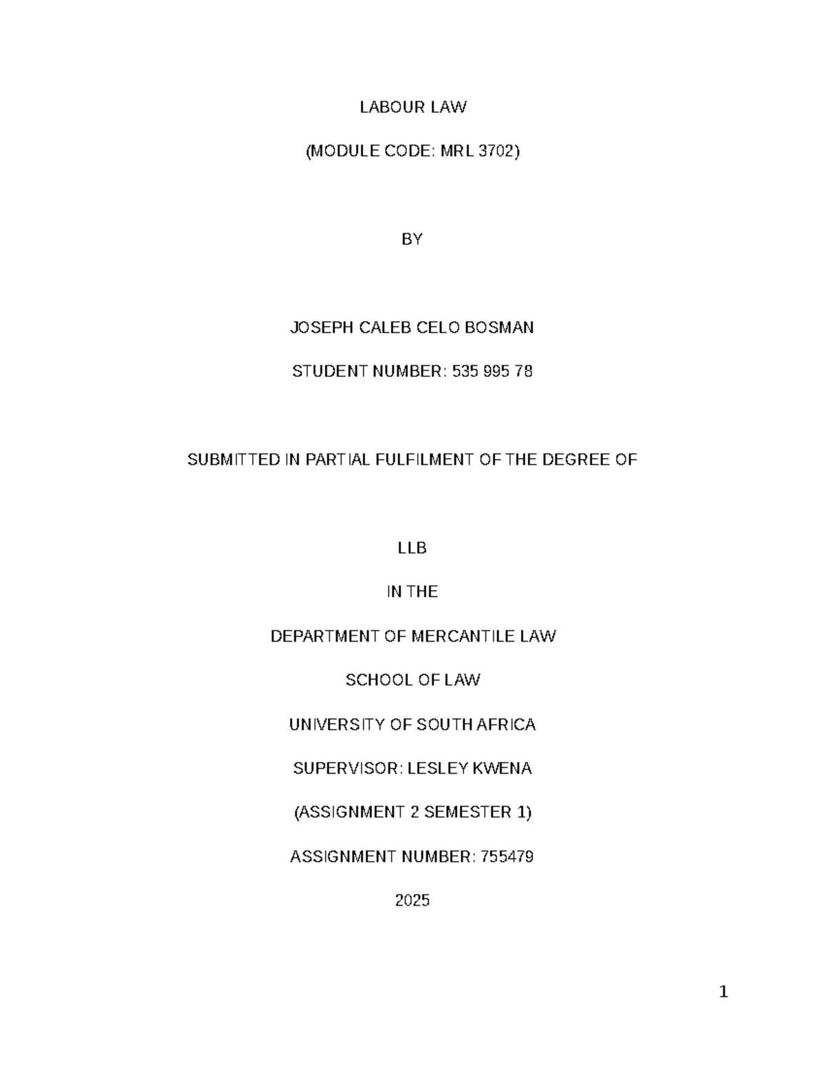 Labour Law Assignment 2 (Module Code: MRL 3702) - Vicarious Liability ...