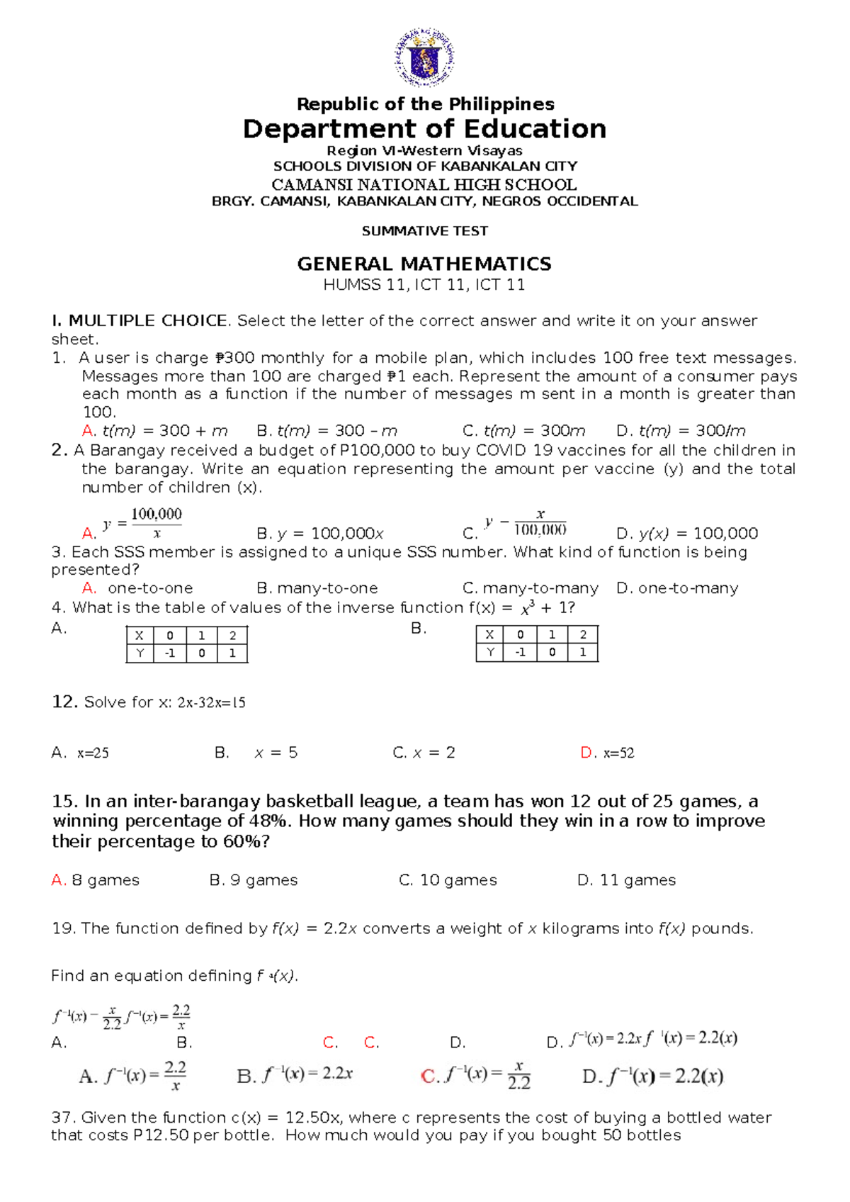 Genmath-1stsummative - Republic of the Philippines Department of ...